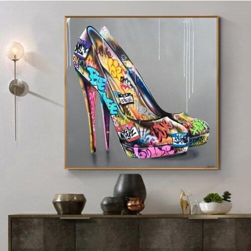 Nordic Fashion High-Heeled Shoes Printing Posters Color Graffiti Spraying Canvas Oil Painting Wall Art Living Room Home Decor