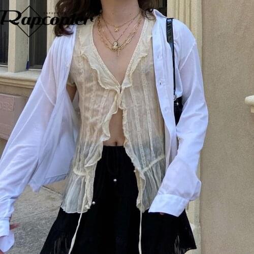 Rapcopter Frill Patched T Shirt y2k Prepply Style Cardigans Short Sleeve V Neck Tshirt Women Mesh See Through Tee Summer Tee Top