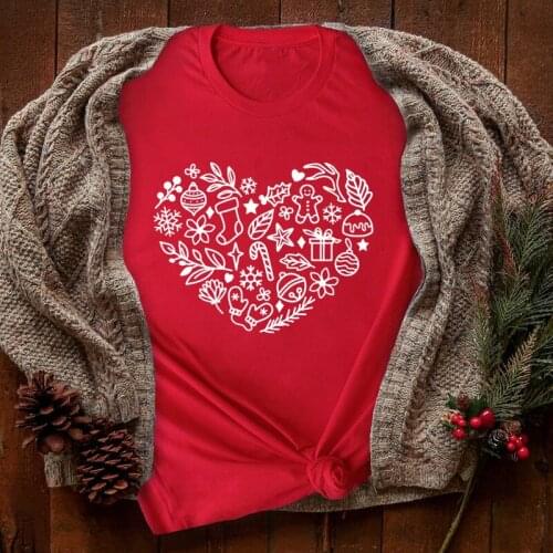 Christmas Heart 100% Cotton T-shirt Aesthetic Winter Short Sleeve Graphic Holiday Gift Tshirt Cute Women Merry Xmas Tops Tees