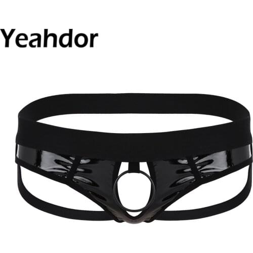 Sexy Mens Lingerie Briefs Thong Faux Leather Open Back Hollow Out Jockstrap Low Rise Bikini G-string Underwear with Metal O-Ring