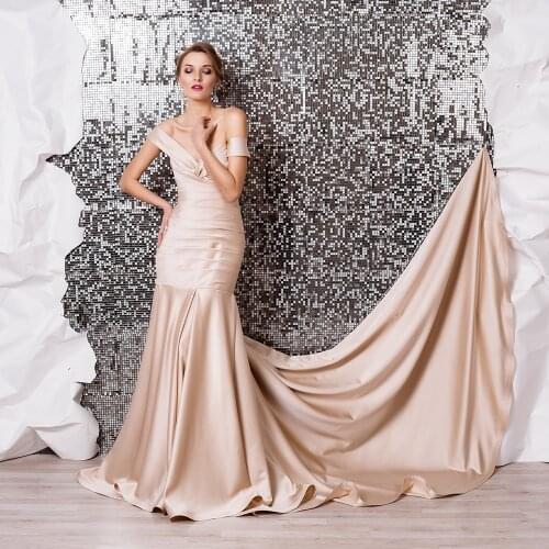 Champagne Satin Mermaid Wedding Dresses Vestido De Novia Sirena Off The Shoulder Short Sleeve Lace Up Pleat Trumpet Bridal Gown