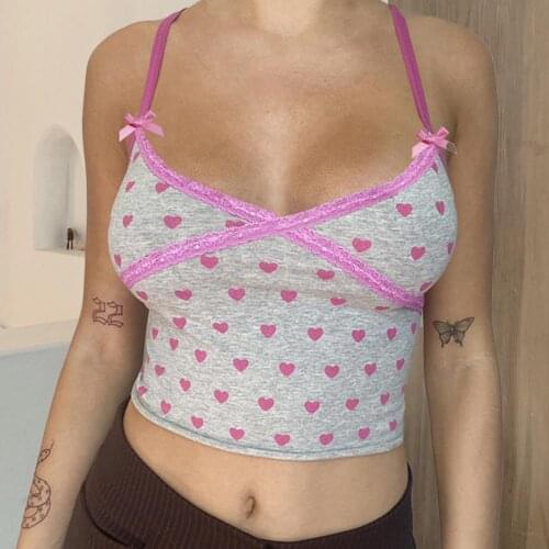 Summer Bandage Tanks Top Cross Lace Heart Printed Camisole Skin-friendly Sleeveless Sweet Midriff Sweet Halter Vest Women Tops