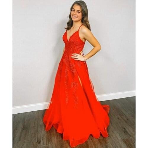 VKBRIDAL Sexy womens V-Neck Orange Lace Prom Dresses with Slit Long Criss-cross Formal Evening Robes Homecoming Party Gowns