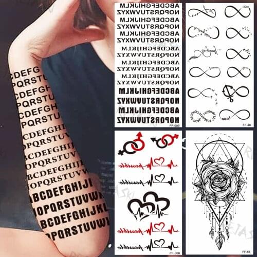 Small Letter Temporary Tattoos For Women Girls Cardiogram Rose Geometric Feather Fake Tattoo Sticker Front Arm Tatoos Chest Show