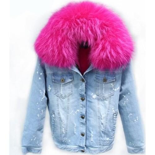 High quality 2020 new winter Denim big raccoon fur coat wide-waisted with raccoon dog fur collar women jacket