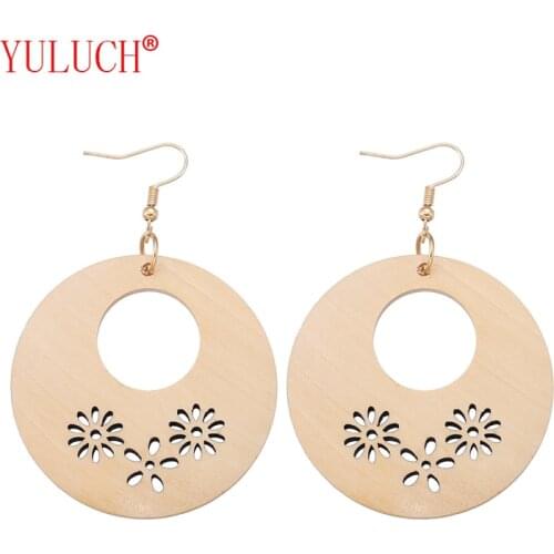 YULUCH 2018 African natural wooden round openwork flower design for ethnic women fashion jewelry earrings pendant party gifts