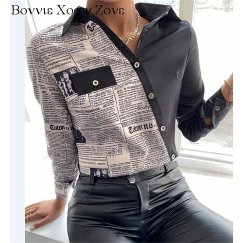 Women Letter Print Turn-down Collar Blouse Asymmetric Long Sleeve Buttoned Up Shirt