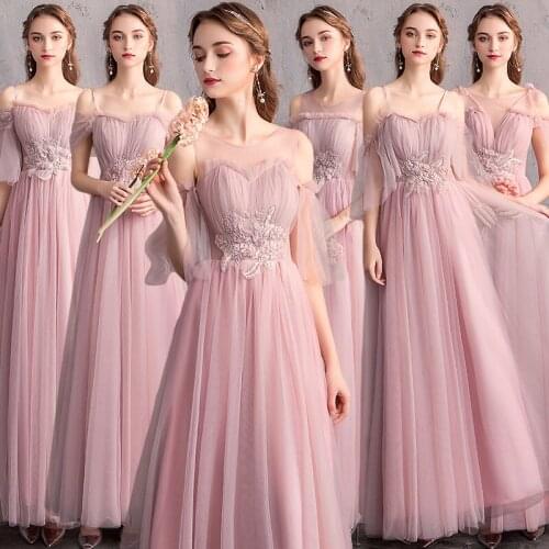 Fashion Pink A-Line Tulle Lace Elegant Bridesmaid Dresses 2019 New Women Long Formal Applique Dress