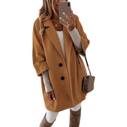 Women 3/4 Sleeve Solid Color Faux Wool Coat Notched Lapel Buttons Loose Outerwear Basic Midi Long Jacket with Pockets