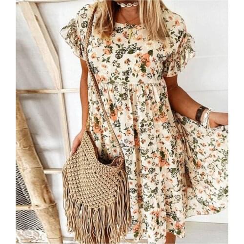 Butterfly Short Sleeve O-neck Floral Print Loose Female Beach Bohemian Short Dress Summer Fashion Casual Black Women Dresses