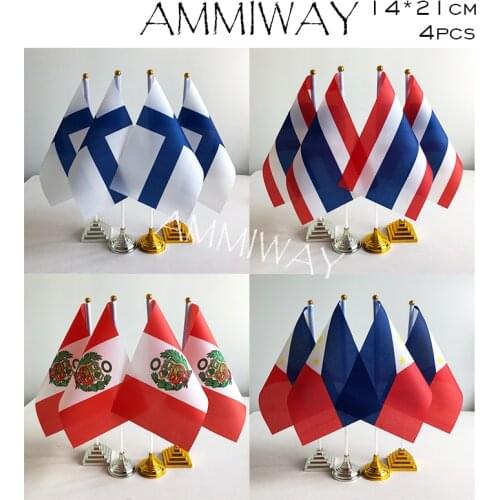 AMMIWAY 14x21cm 4pcs Finland Thailand Thai Country Table Flags Peru Peruvian Philippine Country Desk Flag Plastic Base Stand