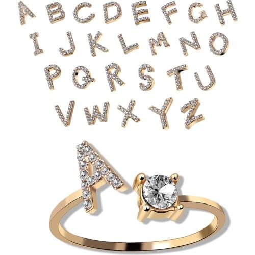 26-letter gold-studded metal adjustable open ring initials name letter female creative finger ring fashion party jewelry