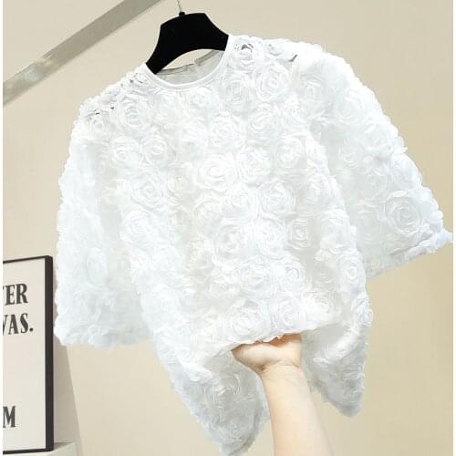 Summer Blouse Woman Sweet Stereo Rose Flower Hollow Out Crew Neck Pullover Lace Shirt Womens Gauze Shirt Tops Blusa Students