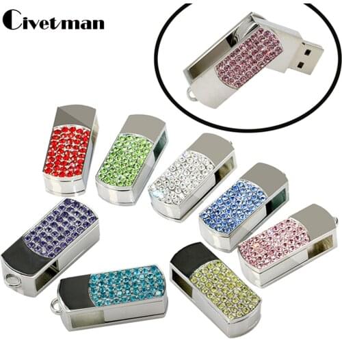 Metal Crystal Pen Drive Full Diamond Rotary USB 2.0 Flash Drive 8GB 16GB 32GB 64GB 128GB 256GB Flash Disk Memory Stick Pendrive