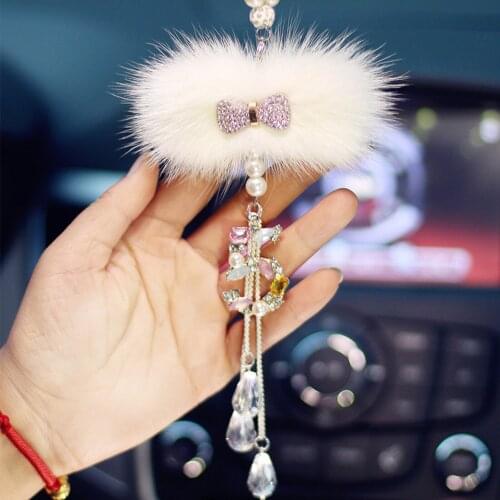 Fashion Auto Car Pendant Diamond Crystal Fur Element Decor Automobile Rearview Mirror Car Hanging Ornaments Car Accessories