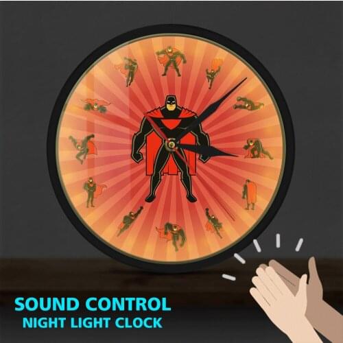 Cartoon Superhero Super Dad Metal Frame Wall Art Decorative LED Wall Clock Sound Activated Boys Room Decor Hanging Wall Watch