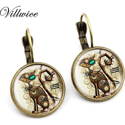 New Steampunk Cat Pendant Steampunk Clock earrings glass dome on earring bronze silver colorcolor earring jewelry for women