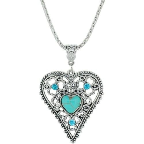 Free shipping Tibetan silver Necklace Blue stone hollow out heart shape Pendants Chain Long necklaces jewelry For Women