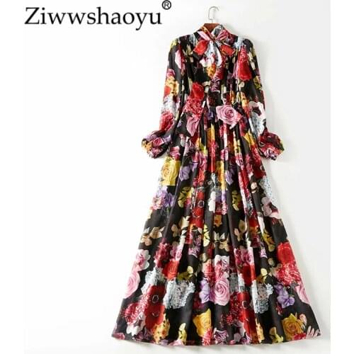 Ziwwshaoyu Elegant Print Maxi dresses Bow Draped Puff Sleeve temperament Big pendulum dress Spring and summer new womens