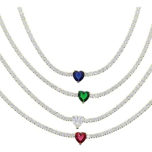 2021 Valentines Day Gift Heart Design Fashion Jewelry Gold Color 3mm CZ Tennis Chain Colorful Heart Stone Choker Necklace