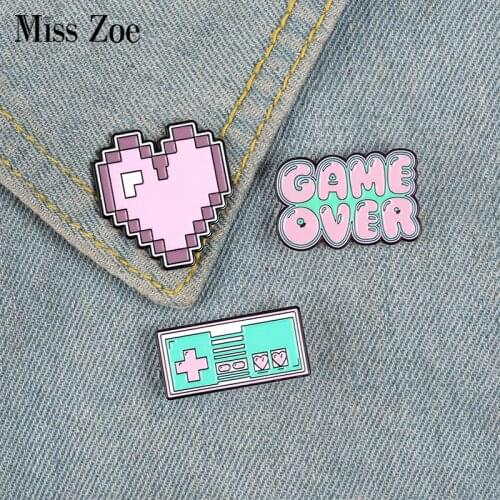 Pink Game Enamel Pin Bag Badge Heart Game over Brooches Clothes Lapel pin Custom Cartoon Retro Vintage Jewelry Gift for girls