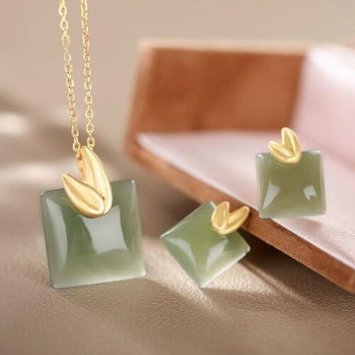 S925 Sterling Silver Inlaid Natural Hetian Jade Gray Jade Leaves Retro Personality All Match Set Necklace Female Stud Earrings P