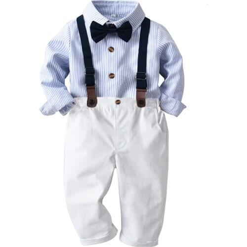 2021 Spring Children Clothes Toddler Boy Set Striped Shirt With Bow + White Pants + Belt 4 PCS Long-Sleeves Outfits Kids Gift