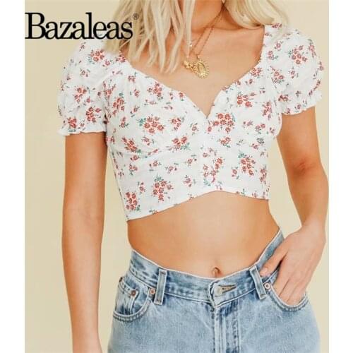 Bazaleas Vintage Cropped Women blouse Chic Floral Print white ropa mujer Fashion Center Button blusas mujer de moda 2020