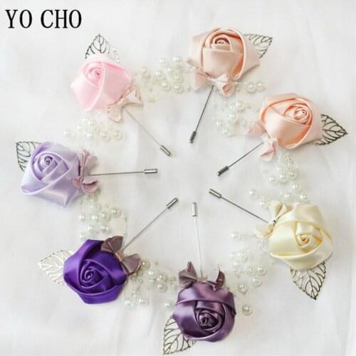 YO CHO Boutonniere Artificial Flower Silk Rose Groom Brooch Pins Wedding Boutonniere Corsage Pink Rose Wedding Planner Flowers
