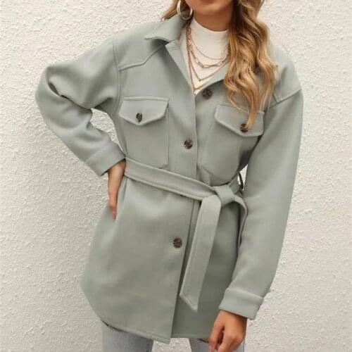 PUWD Casual Woman Loose Sashes Woolen Shirt Coat 2021 Spring Autumn Fashion Ladies Soft Warm Jacket Female Elegant Outwear