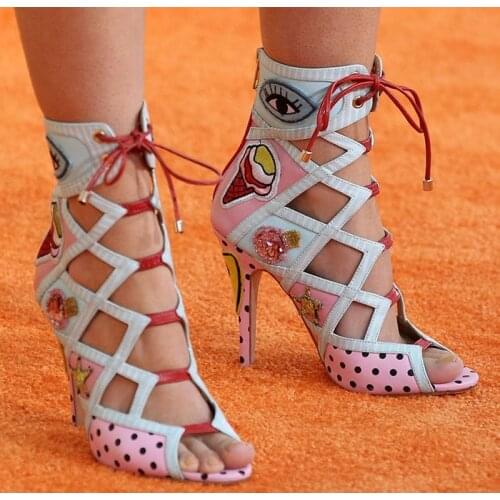 Moraima Snc Fashion Printed Leather High Heel Shoes Woman Peep Toe Lace-up Sandals Boots Sexy Thin Heels Party Dress Heels