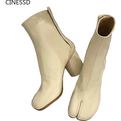 Split Toe Boots Women Cow Leather Ninja Tabi Ankle Boots Genuine Leather MM6 Brand Design Real Leather Woman 7.5cm Heels Shoes