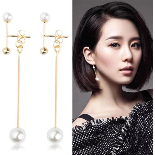 Double Beads Stud Simulated Pearls Stick Long Golden Silver Plated Dangle Earrings Women Drop Earrings