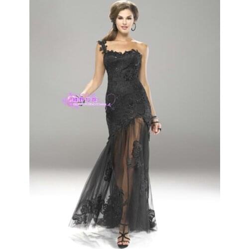 Free shipping Fashion black one shoulder vestidos formales maxi gown long lace sexy costume custom blue prom bridesmaid dresses