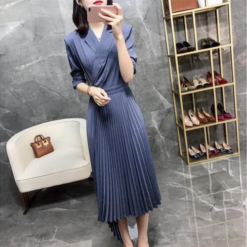 Bella Philosophy 2020 Spring Women Solid Long Sleeve Dress Office Lady Notched Pleated Long Dress Female High Waist Vestido