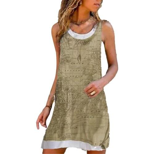 Women Casual Dress Map Print Fake Two Piece Summer Round Neck Sleeveless Dress Map Print Fake Dress платье летнее 2021 Summer