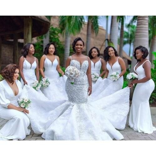 Plus Size African Mermaid Wedding Dresses Spaghetti Lace Appliqued Pearls Beads Country Wedding Dress Custom Made Beach Bridal