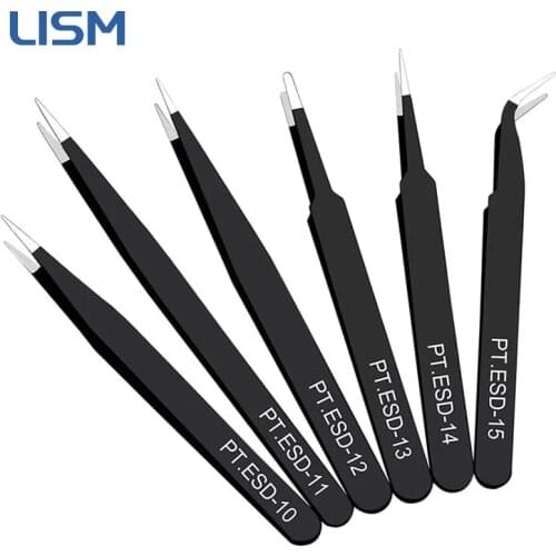 6 Pcs Safe Precision Tweezer Set Antistatic Tweezers Anti-static ESD Stainless Curved Straight Tweezers Maintenance Tool