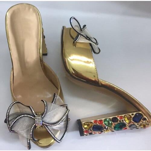 Glitter Ladies Crystal Mesh Bowtie High-heeled Slippers Open Toe Gold Mirror Leather Chunky Multi Crystal Heels Summer Shoes
