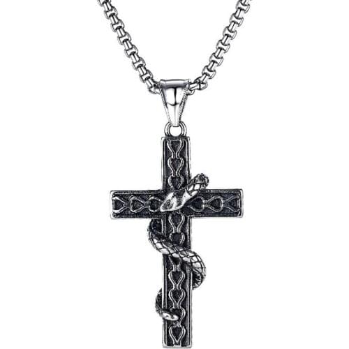 Stainless Steel Punk Rock Christ Cross Snake Pendant Necklace Jewelry Gift For Him with Chain