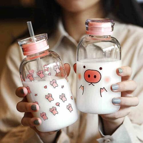 New 450ML Kawaii Pig Glass Water Bottle With Straw Cartoon Fashion Cute Drinking Water Bottles For Kids Girl Student Water Cup