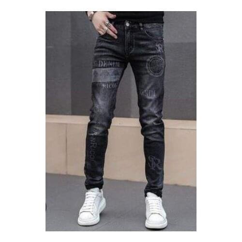 2021 New Fashion Streetwear Black Blue High Quality Skulls Patches Designer Ripped Jeans Men Punk Pants Hip Hop Jeans Homme