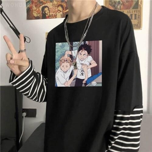 Japanese Anime Haikyuu Striped T-Shirt Top Unisex Harajuku Manga Yu Nishinoya/Kei Tsukishima Print Oversized Long Sleeve TShirts