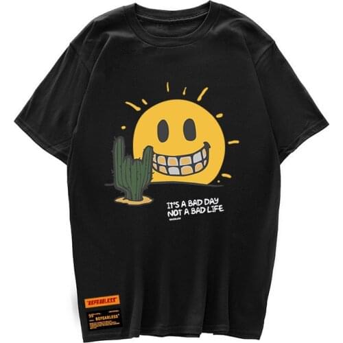 Funny Smile Sun Cactus Print Short Sleeve Tshirts Hip Hop Casual Streetwear T Shirts Tees Hipster Mens Harajuku Tops