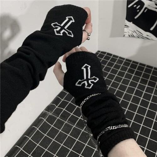 Gothic Harajuku Punk Style Black Cross Print Half Finger Long Glove Hot Girl Length Sleeve Fingerless Gloves Fashion Streetwear