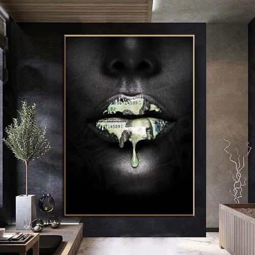 Nordic Women Lip With Dollar Oil Painting On Canvas Print Wall Art Poster Modern Black Picture For Living Room Home Decoration