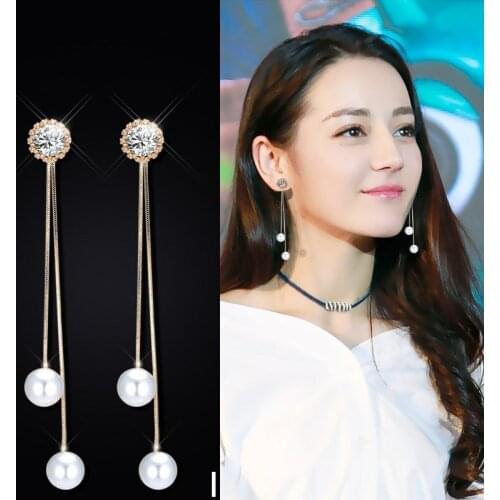 Korean Temperament Wild Pearl Earrings Long Simple Atmospheric Earrings Female Super Flash Zircon Earrings Girlfriend Gift