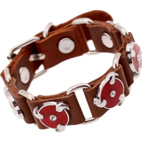 Fashion Punk Alloy Red Round Circle Charm Bracelet Cuff Vintage Black Brown Genuine Leather Wristband Wrap Bangle Casual Jewelry