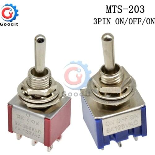 MTS-203 Miniature Toggle Switch Single Pole Double Throw SPDT ON-OFF-ON 120V AC 5A 6A Contact Mounting 6 Position MTS203