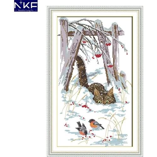 NKF Snow Kitten Animal Cross Stitch Set Handmade Craft Needlework Cross-Stitch Embroidery Kit Cross Stitch for Home Decor
